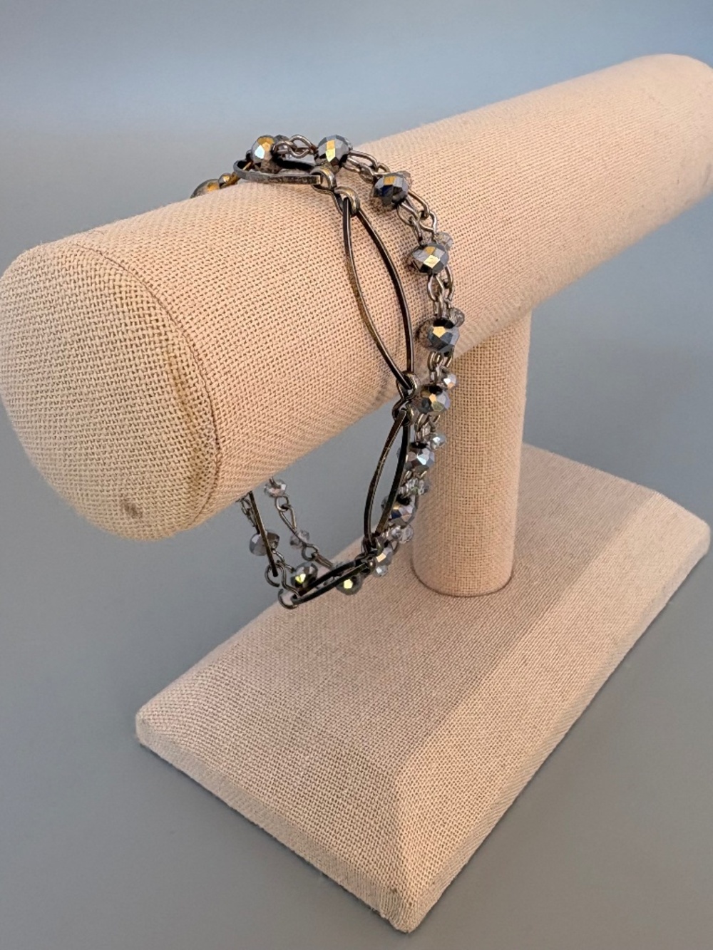 Vintage Chico’s 3 Strand Gunmetal Crystal Magnetic Bracelet Marquise Link